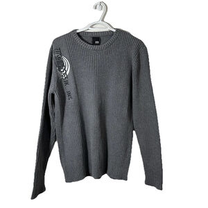 Jack & Jones Chunky Knit Sweater Graphic Logo Crewneck Long Sleeve Grey Size XL